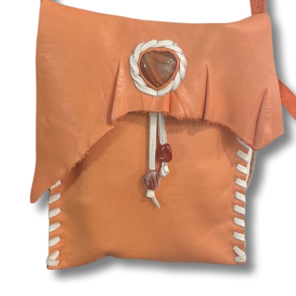 Boho Bespoke Leather Coral & Carnelian Heart Crossbody Handbag - Picture 2 of 5
